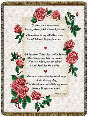 "If roses grew in heaven, Lord, please pick a bunch for me. Pleace them in my Mother's arms adn tell her they're from me. Tell her tht iI love her and miss her, and when she turns to smile, place a kiss upon her cheek and hold her for awhile. Because remembering her is easy, I do it everyday, but there's an ache within my heart that will never go away. Author: Unknown"